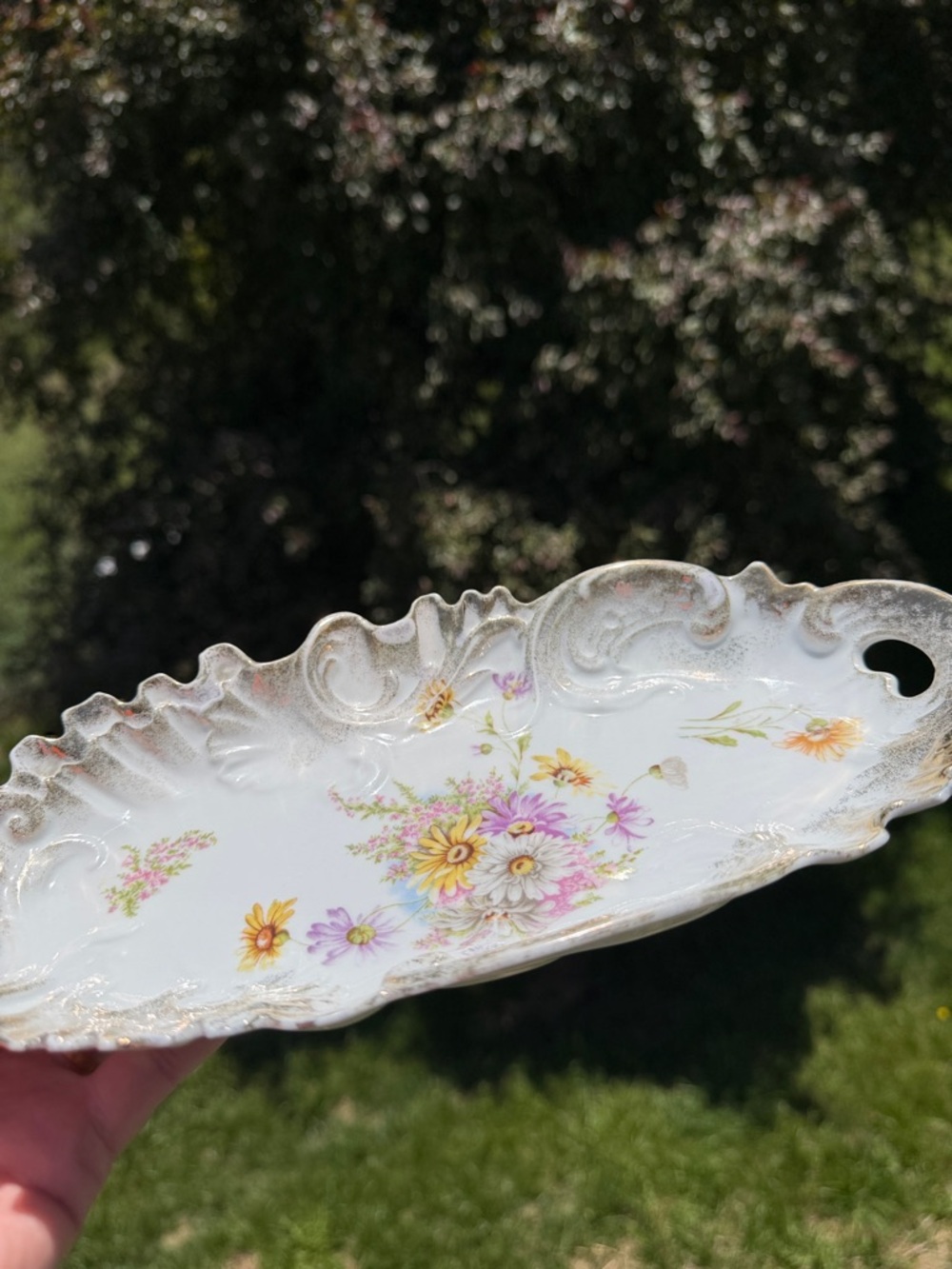 RS Prussia Porcelain Double Handle Ornate Floral Tray with Gold Trim - Picture 9 of 12